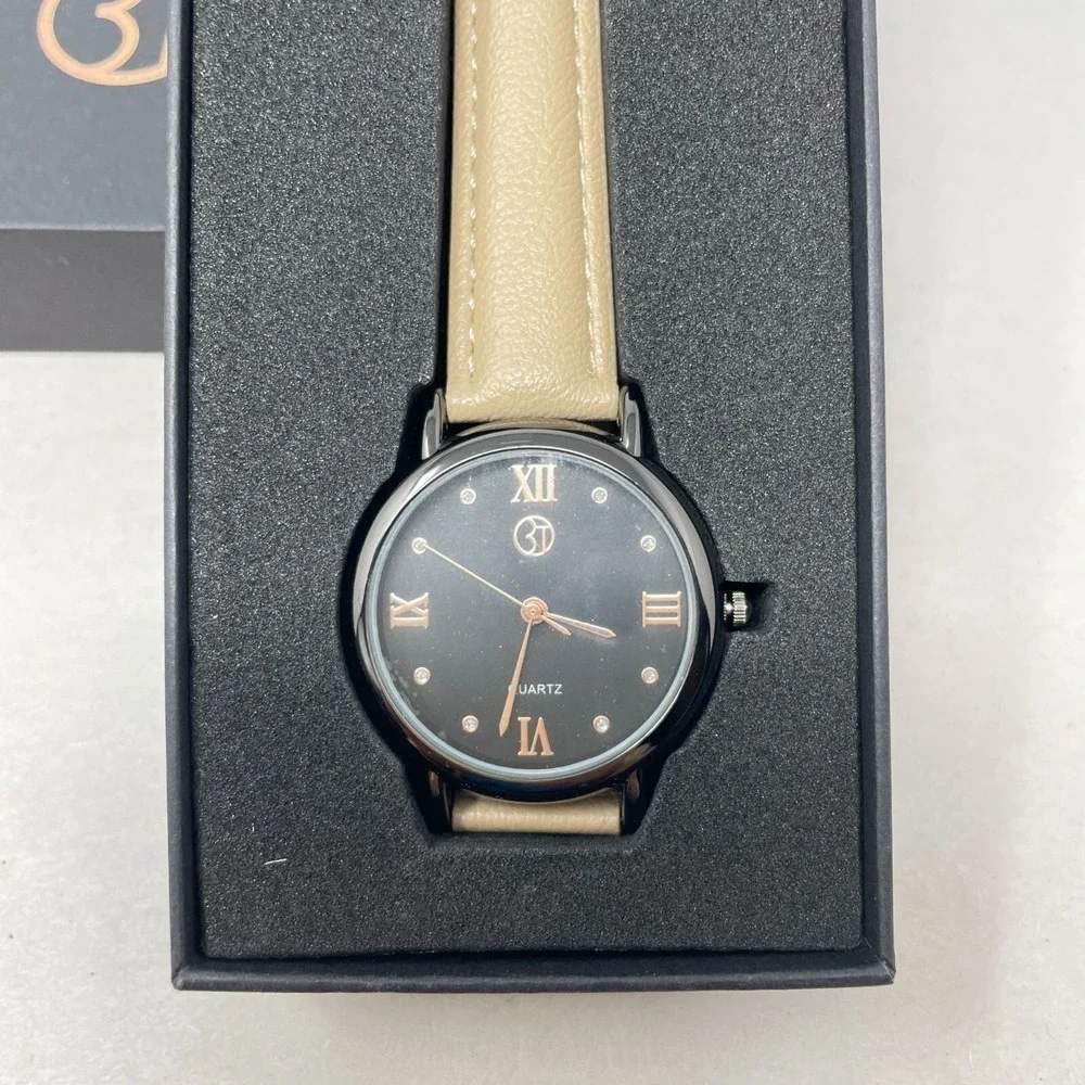 3T Watch Tan Band Quartz Movement Stainless Steel Back‎ Gift Box Black Dial